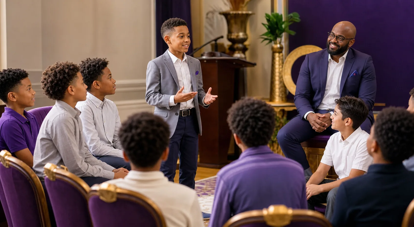 A boy practicing confident leadership while peers and a mentor encourage him