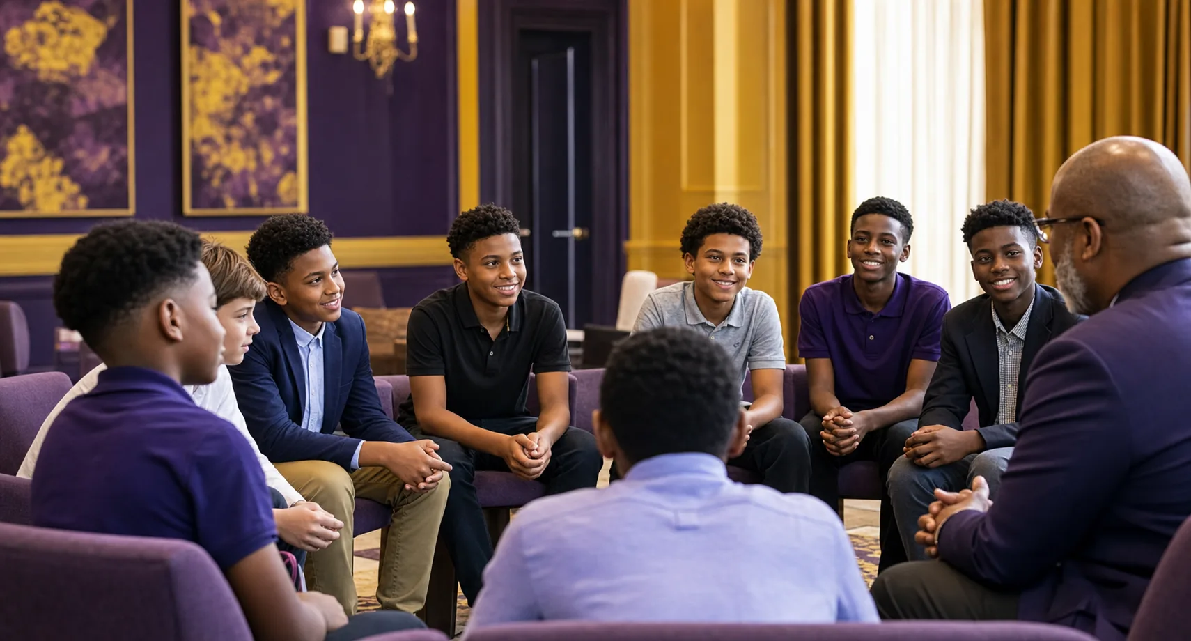 Boys participating in a positive mentoring circle with an adult mentor